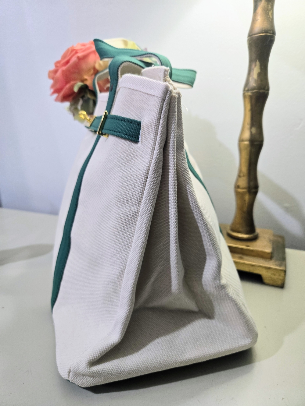 Stylish Canvas Boat Tote - Cream & Forest Green, NEW - Picture 4 of 11